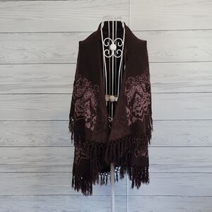 Open Front Poncho/shawl Knit Sweater With Long Fringe Womens M